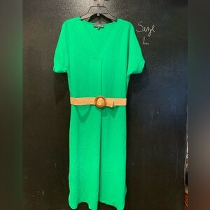 Green Midi Dress with Tan Belt.
